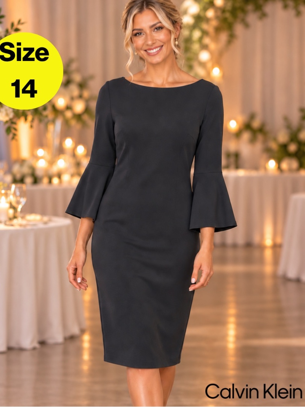 CALVIN KLEIN 🖤 Black Bell-Sleeve Midi Sheath Dress (Women’s 14)